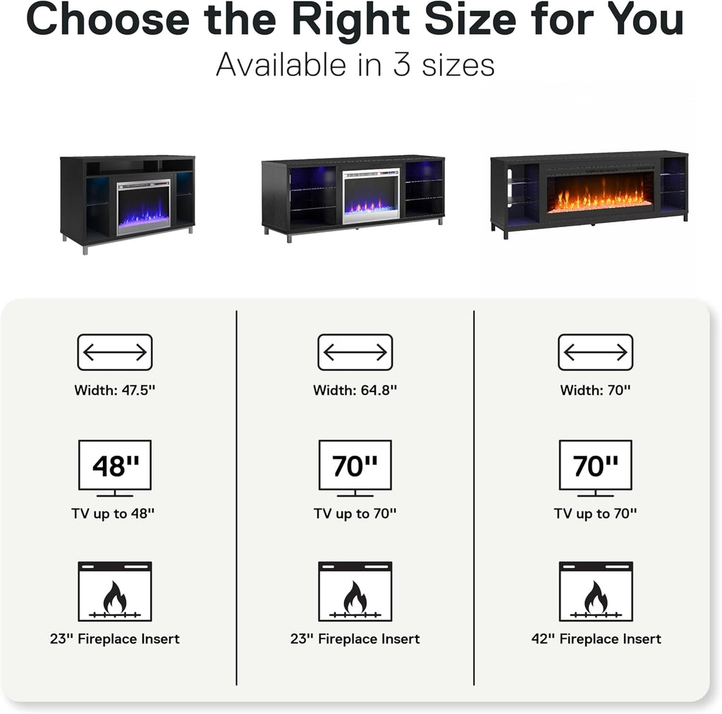 Lumina Fireplace TV Stand, Black Oak, Holds Tvs up to 70", Modern Entertainment Center with RGB LED Lights