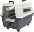 Sportpet Airline Compliant LARGE 31.5" Travel Dog Kennel-Durable Plastic Airline Pet Carrier W/ Removable Wheels & Food Bowls, Collapsible Indoor/Outdoor Dog Kennel, Dogs up to 28"L & 20"H-Cream/Gray