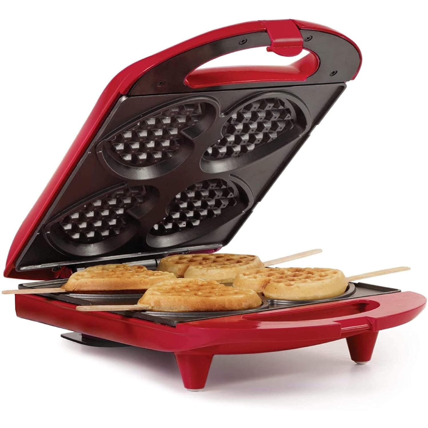 4-Section Heart Shaped Waffle Maker, Non-Stick Waffle Iron, Mini Waffle Maker for Kids, Non-Toxic Coating, Easy to Clean, Makes 4 Heart-Shaped Waffles in Minutes, Red