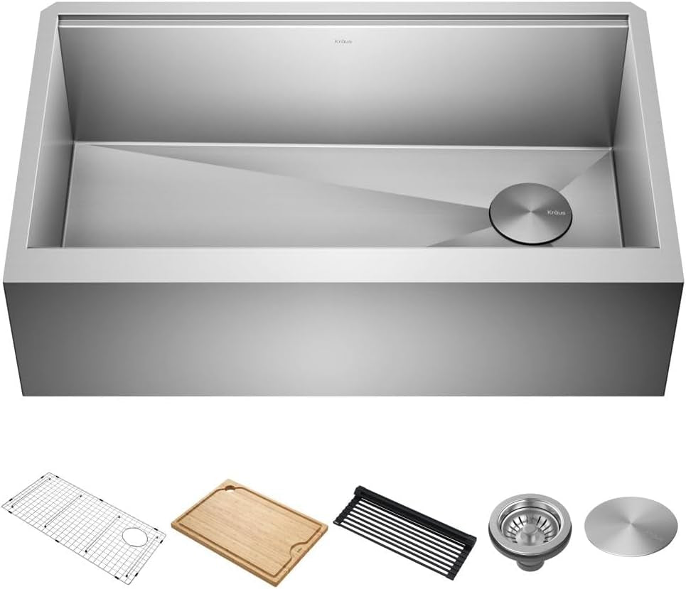 Kore 33-Inch Farmhouse Workstation 16 Gauge Single Bowl Stainless Steel Kitchen Sink with Accessories, KWF210-33
