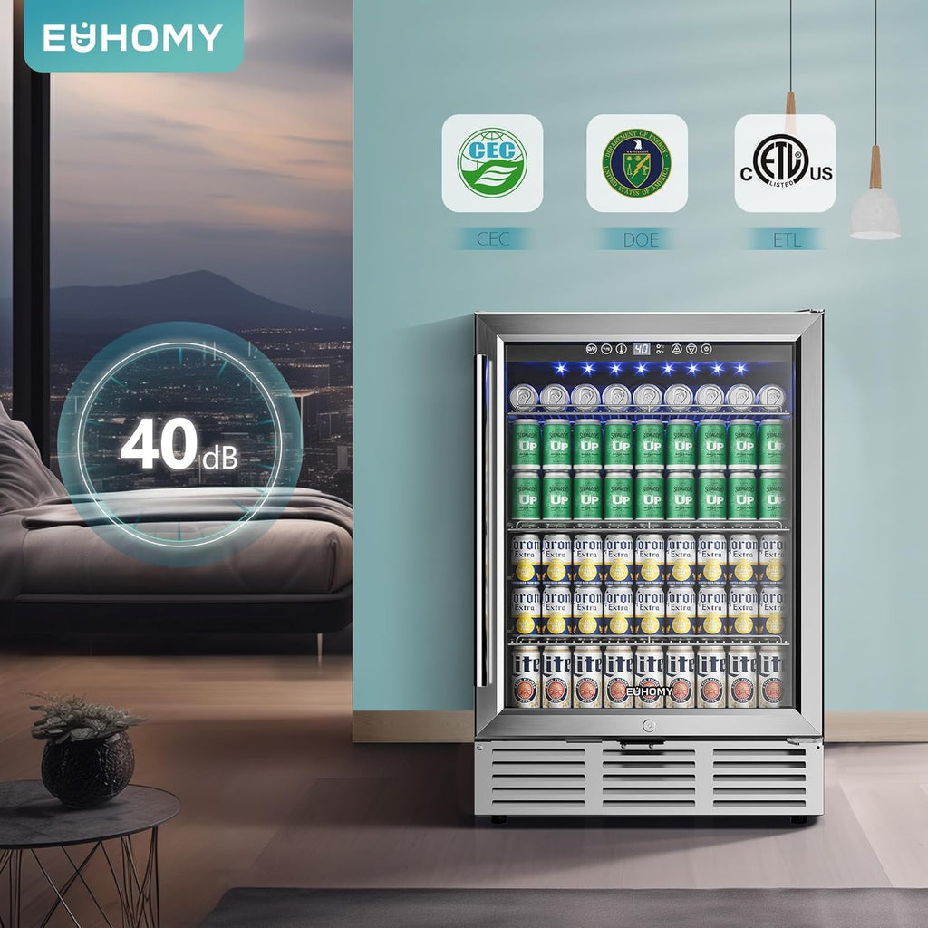 24 Inch Beverage Refrigerator, 180 Can Built-In Beverage Cooler, under Counter Beer Fridge with Glass Door for Soda, Water, Wine - for Kitchen, Bar or Office