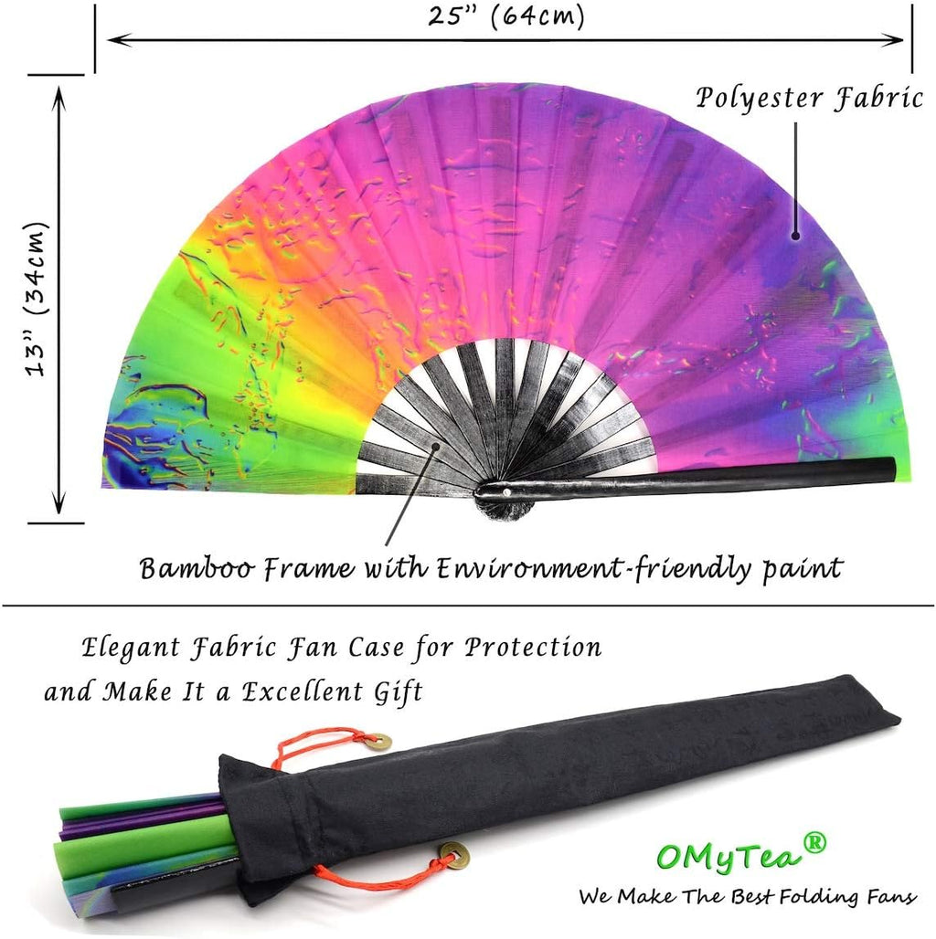 Bamboo Large Rave Folding Hand Fan for Men/Women - Chinese Japanese Handheld Fan with Fabric Case - for Electronic Dance Music Festival Party, Performance, Decorations, Gift (Iridescence)