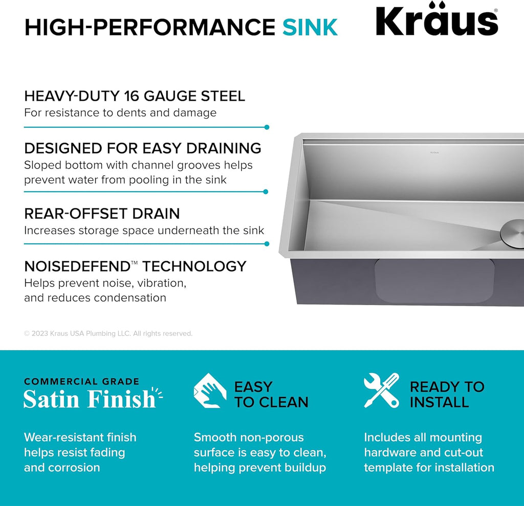 Kore 32-Inch Undermount Workstation 16 Gauge Single Bowl Stainless Steel Kitchen Sink with Accessories, KWU110-32
