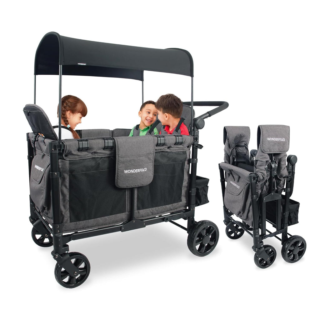 W4 Elite Stroller Wagon - Foldable Wagon with Steel Frame - Adjustable Canopy & Push Handle - All-Terrain Wheels - for Babies, Toddlers & Kids - 4 Seater - Gray