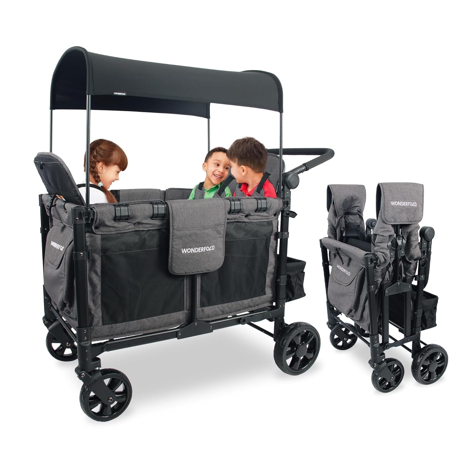 W4 Elite Stroller Wagon - Foldable Wagon with Steel Frame - Adjustable Canopy & Push Handle - All-Terrain Wheels - for Babies, Toddlers & Kids - 4 Seater - Gray