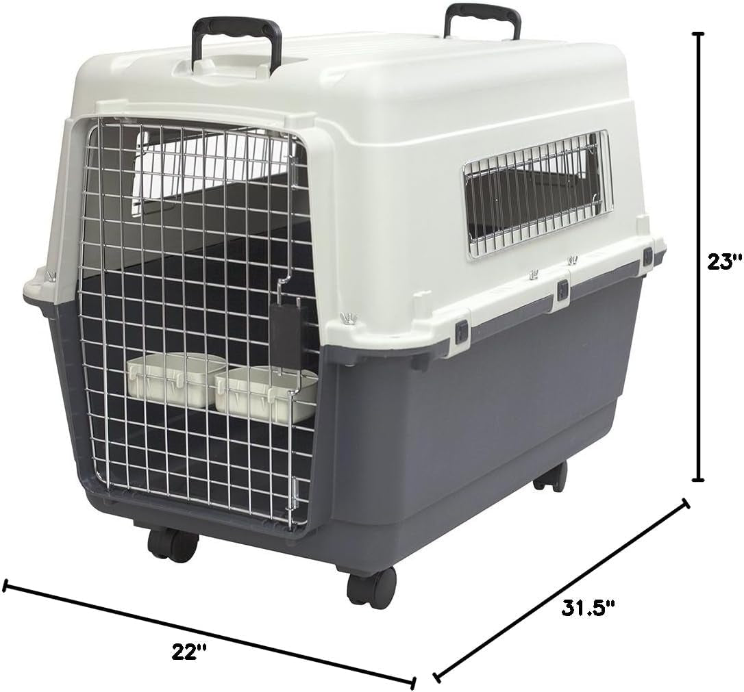 Sportpet Airline Compliant LARGE 31.5" Travel Dog Kennel-Durable Plastic Airline Pet Carrier W/ Removable Wheels & Food Bowls, Collapsible Indoor/Outdoor Dog Kennel, Dogs up to 28"L & 20"H-Cream/Gray