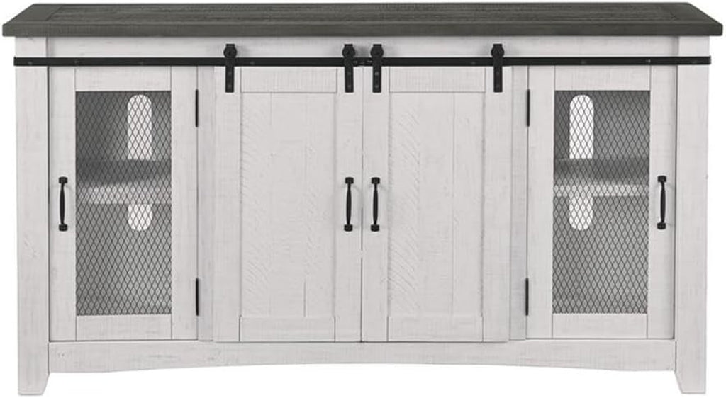 Martin Svensson Home 65" Solid Pine Wood Entertainment Center with Storage. Rustic TV Stand for Tvs up to 70." Sliding Doors, Adjustable Shelves & Cable Management – White and Grey Finish