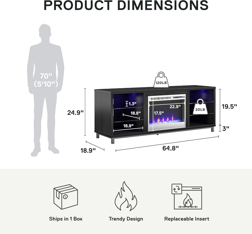 Lumina Fireplace TV Stand, Black Oak, Holds Tvs up to 70", Modern Entertainment Center with RGB LED Lights
