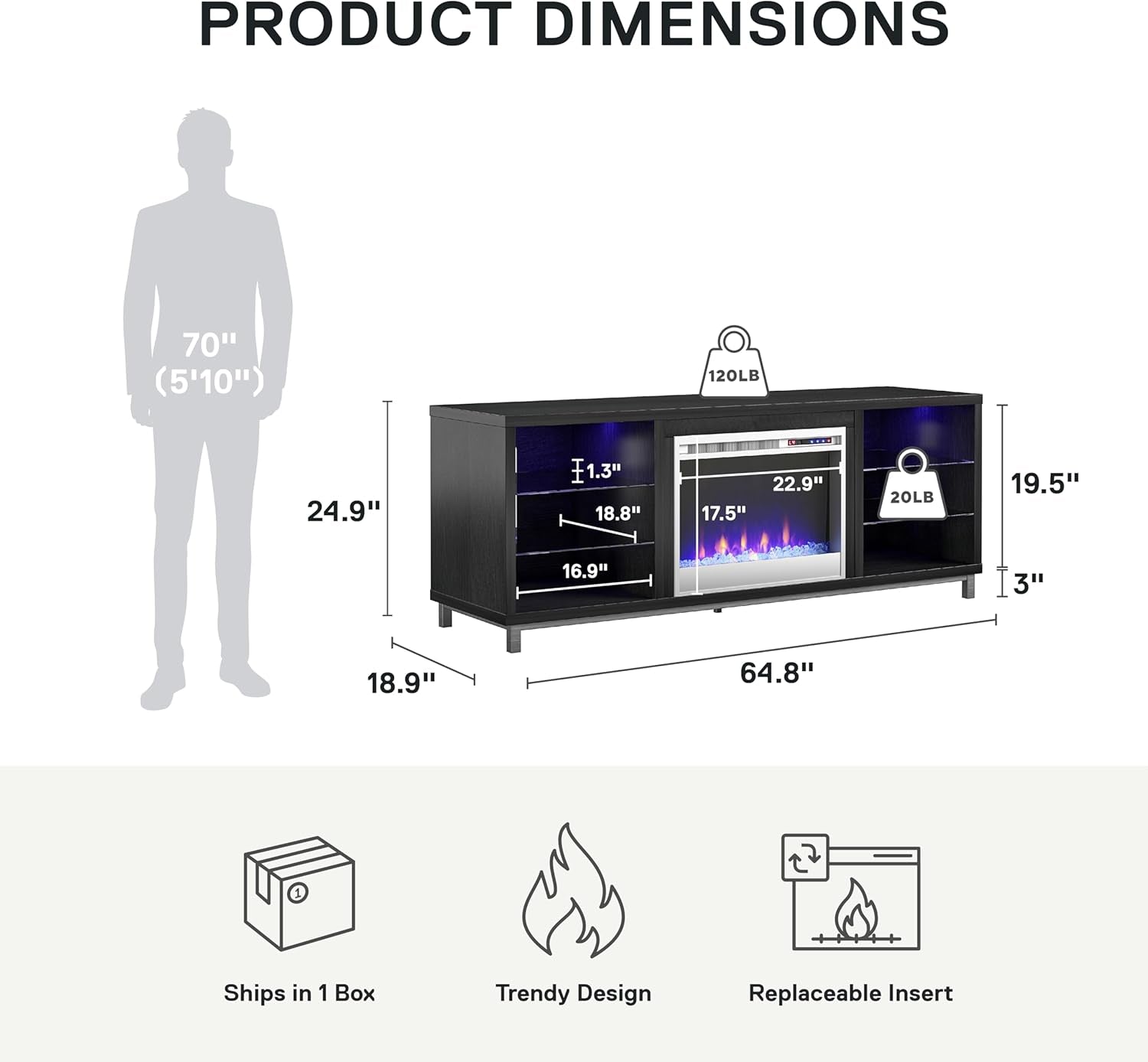 Lumina Fireplace TV Stand, Black Oak, Holds Tvs up to 70", Modern Entertainment Center with RGB LED Lights