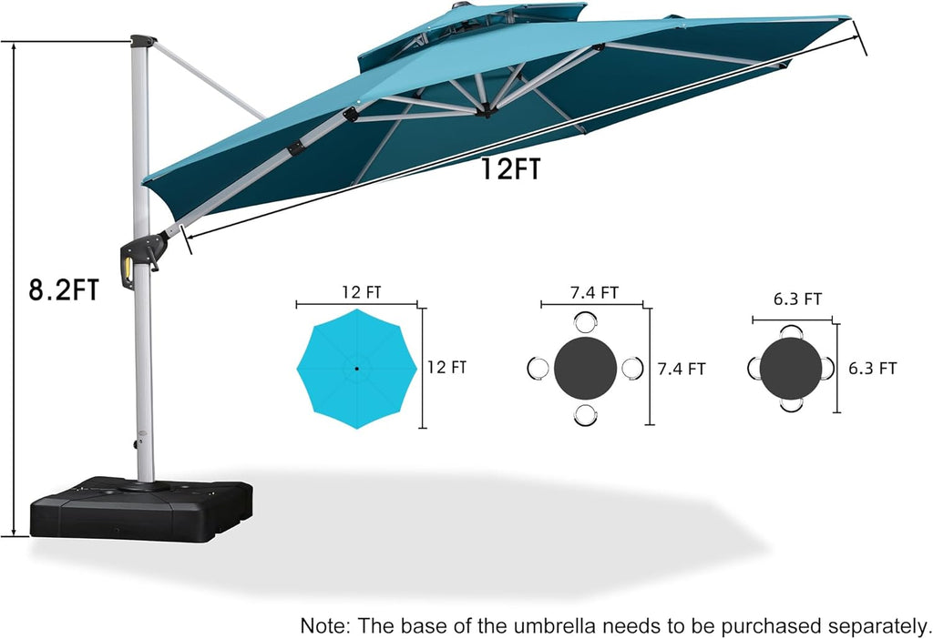 12 Feet Double Top round Deluxe Patio Umbrella Offset Hanging Umbrella Outdoor Market Umbrella Garden Umbrella, Turquoise Blue