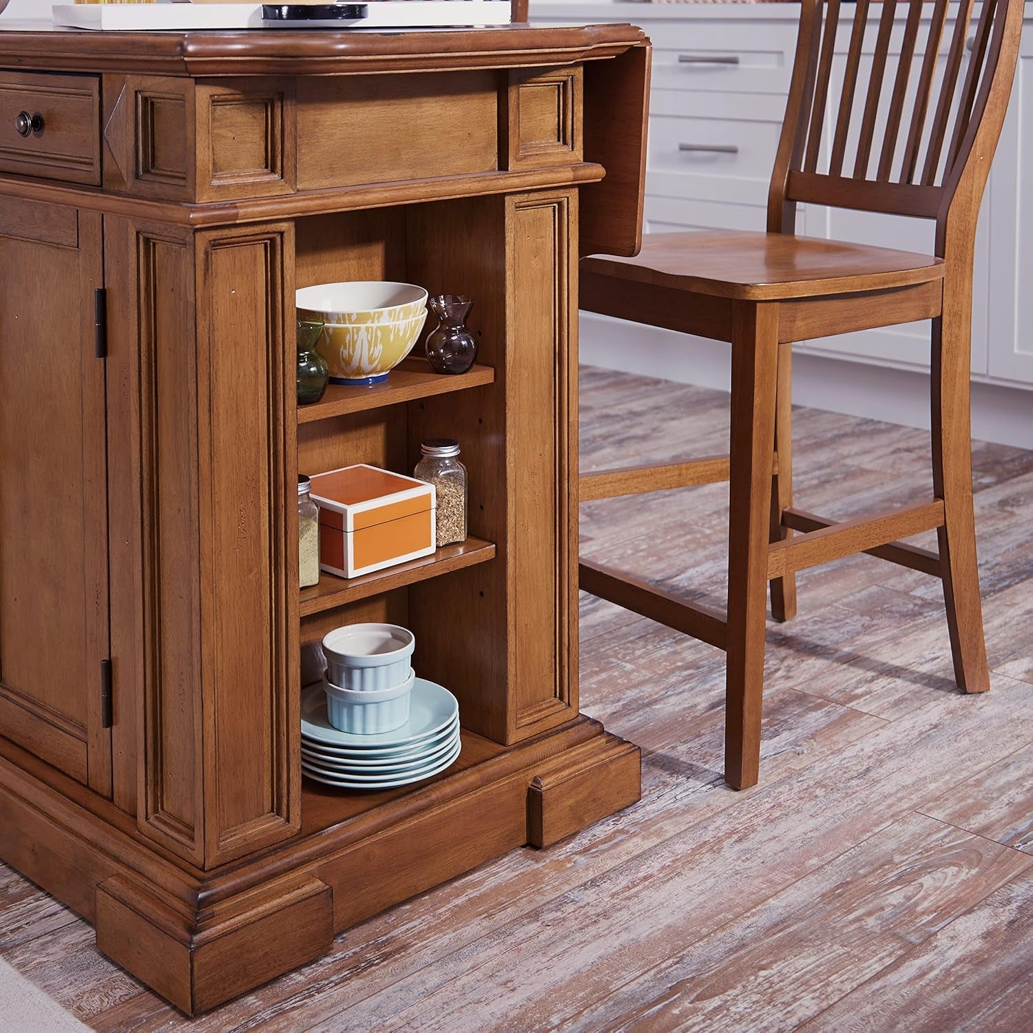 Americana Cottage Oak 3-Piece Kitchen Island Set with Hardwood Drop Leaf Top and Two Counter Stools