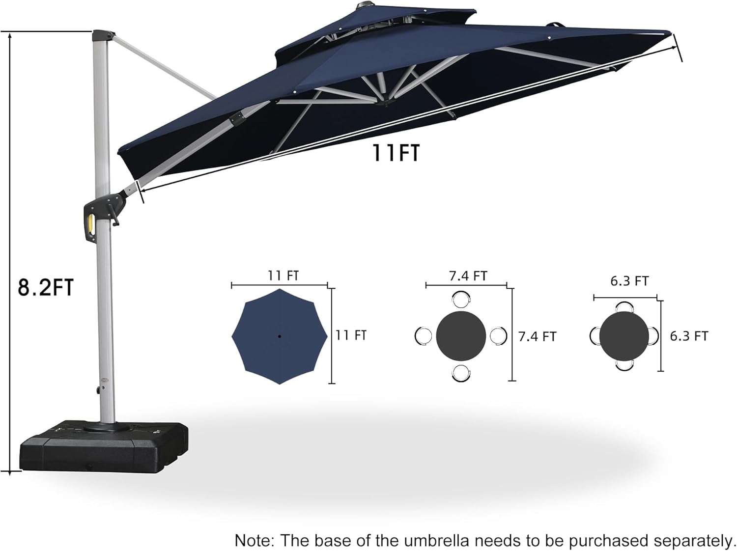 11 Feet Patio Umbrella Outdoor round Umbrella Large Cantilever Umbrella Windproof Offset Heavy Duty Sun for Garden Deck Pool Patio, Navy Blue