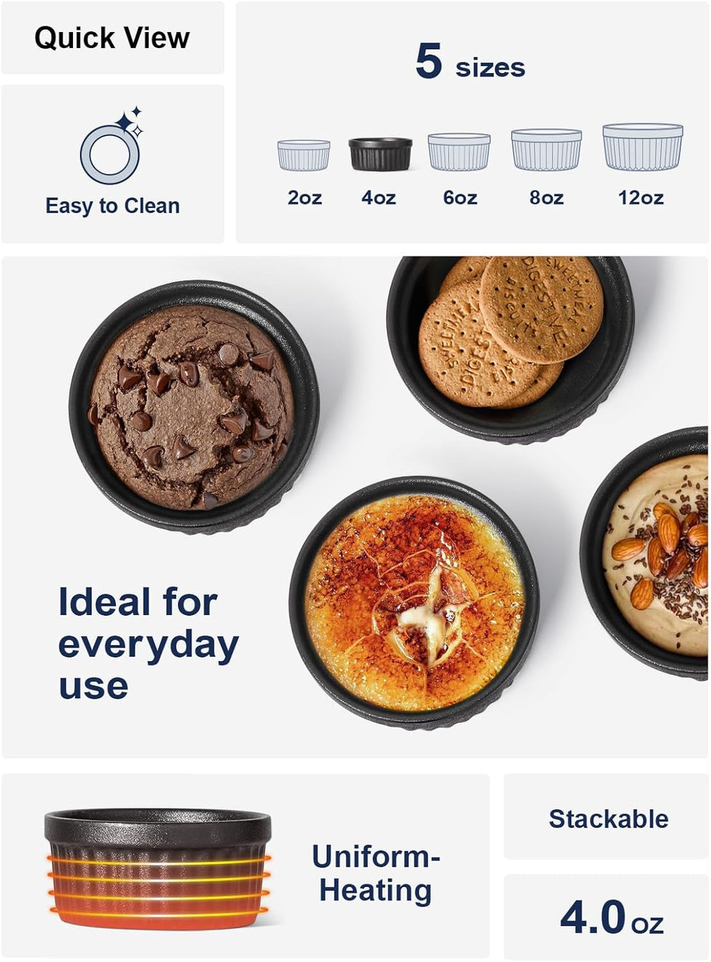 Ramekins 4 OZ Oven Safe, Creme Brulee Ramekins, Pudding Custard Cups Souffle Ramiken, Dipping Sauce Dishes, Ceramic Ramekin Bowls Set of 6, Matte Black
