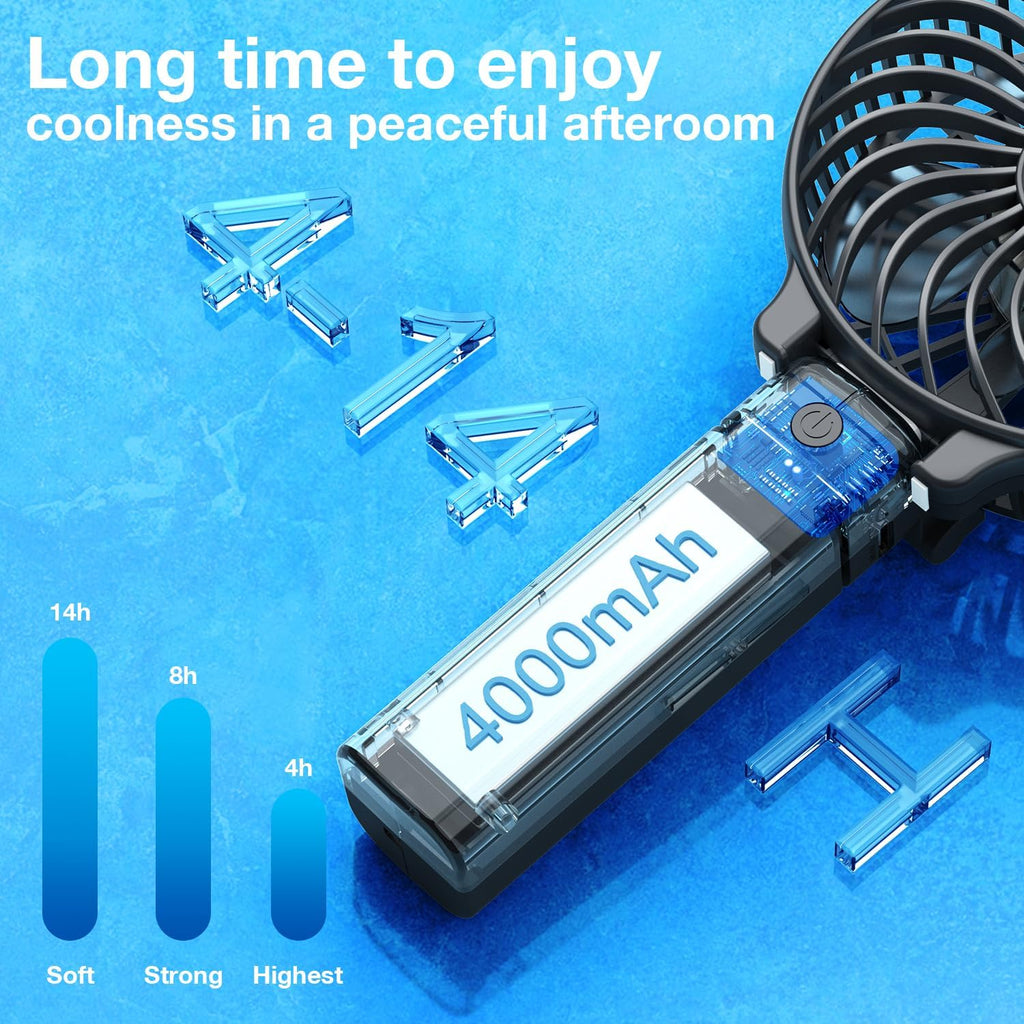 Portable Handheld Fan, Powerful+Durable+4000Mah+180° Foldable, Mini Table Fans with USB Rechargeable Battery Operated Cooling Accessories for Personal Use, Travel, Office Black