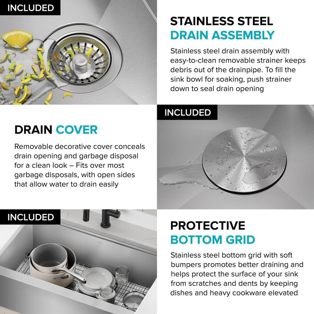 Kore 33-Inch Farmhouse Workstation 16 Gauge Single Bowl Stainless Steel Kitchen Sink with Accessories, KWF210-33