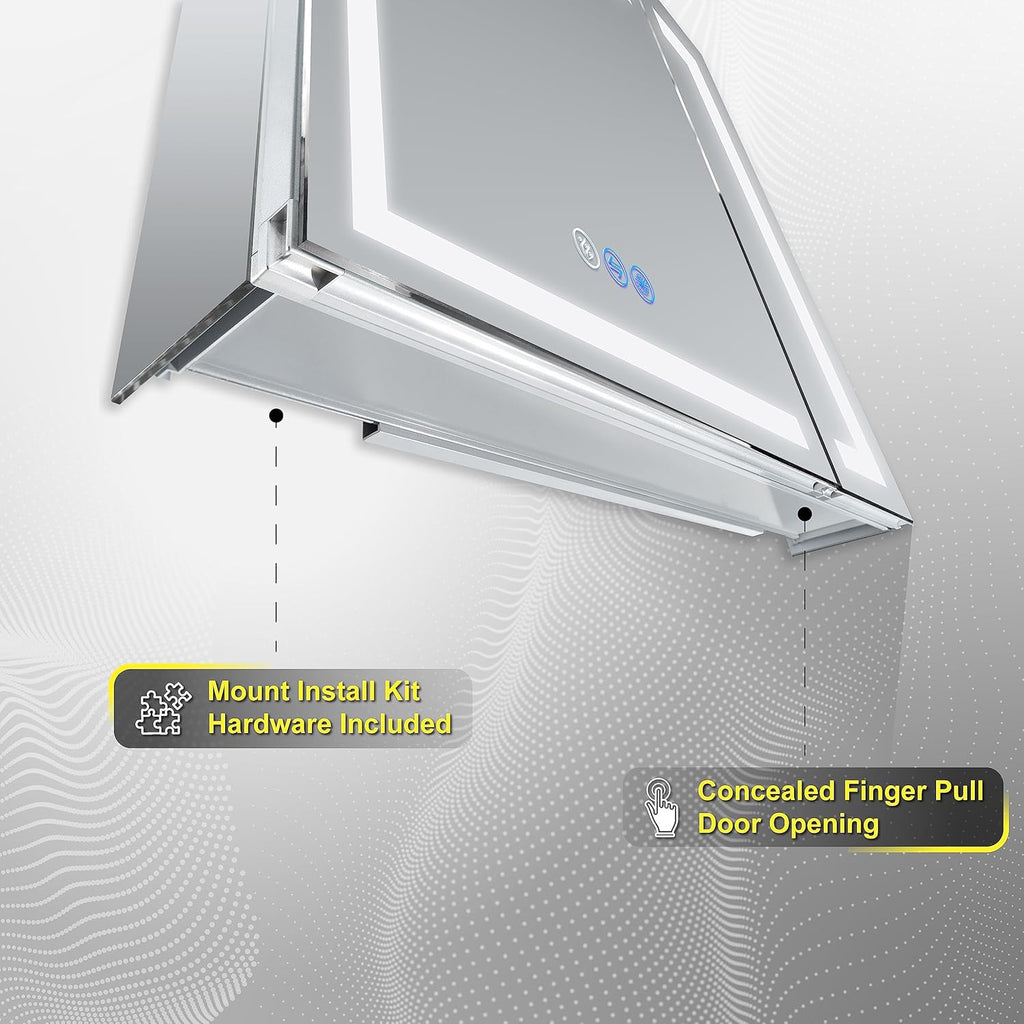 LED Mirror Medicine Cabinet Recessed or Surface, Defogger, Dimmer, Clock, Room Temp Display, Makeup Mirror 3X, Outlets & Usbs (Rubini 36X32)