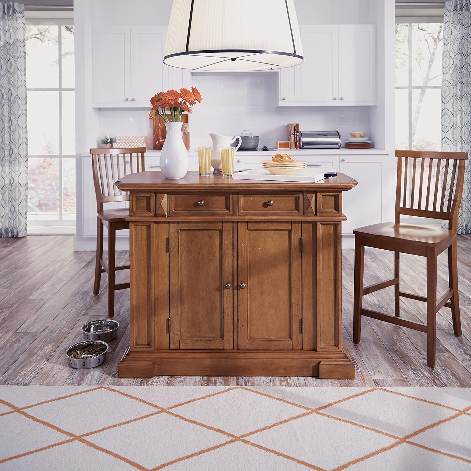 Americana Cottage Oak 3-Piece Kitchen Island Set with Hardwood Drop Leaf Top and Two Counter Stools