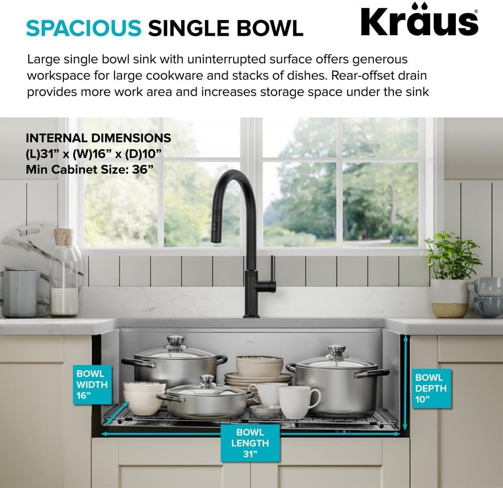 Kore 33-Inch Farmhouse Workstation 16 Gauge Single Bowl Stainless Steel Kitchen Sink with Accessories, KWF210-33