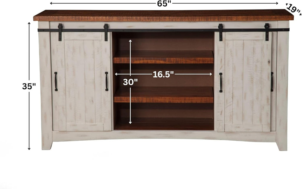 Martin Svensson Home 65" Solid Pine Wood Entertainment Center with Storage. Rustic TV Stand for Tvs up to 70." Sliding Doors, Adjustable Shelves & Cable Management – White and Honey Finish