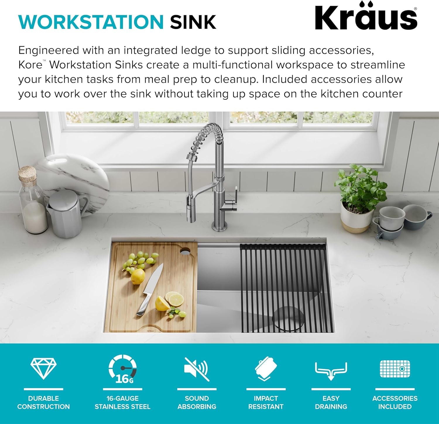 Kore 32-Inch Undermount Workstation 16 Gauge Single Bowl Stainless Steel Kitchen Sink with Accessories, KWU110-32