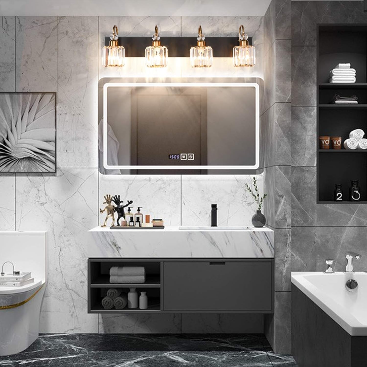 LED Modern Vanity Lights Fixtures 4 Lights Black Vanity Lights Crystal Modern Matte Black Vanity Lights for Bathroom