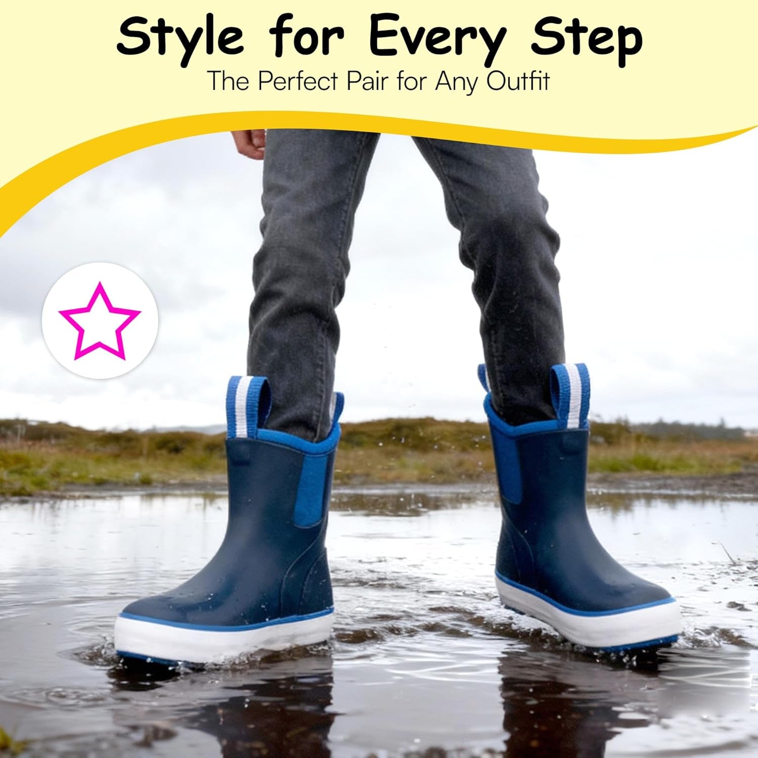 Waterproof Rubber Rain Boots for Big Kids - Youth Ankle Muck Boots, Non-Slip Natural Rubber Snow Shoes, Boys Girls Deck Boots for Mud Gardening Fishing Hunting Outdoor