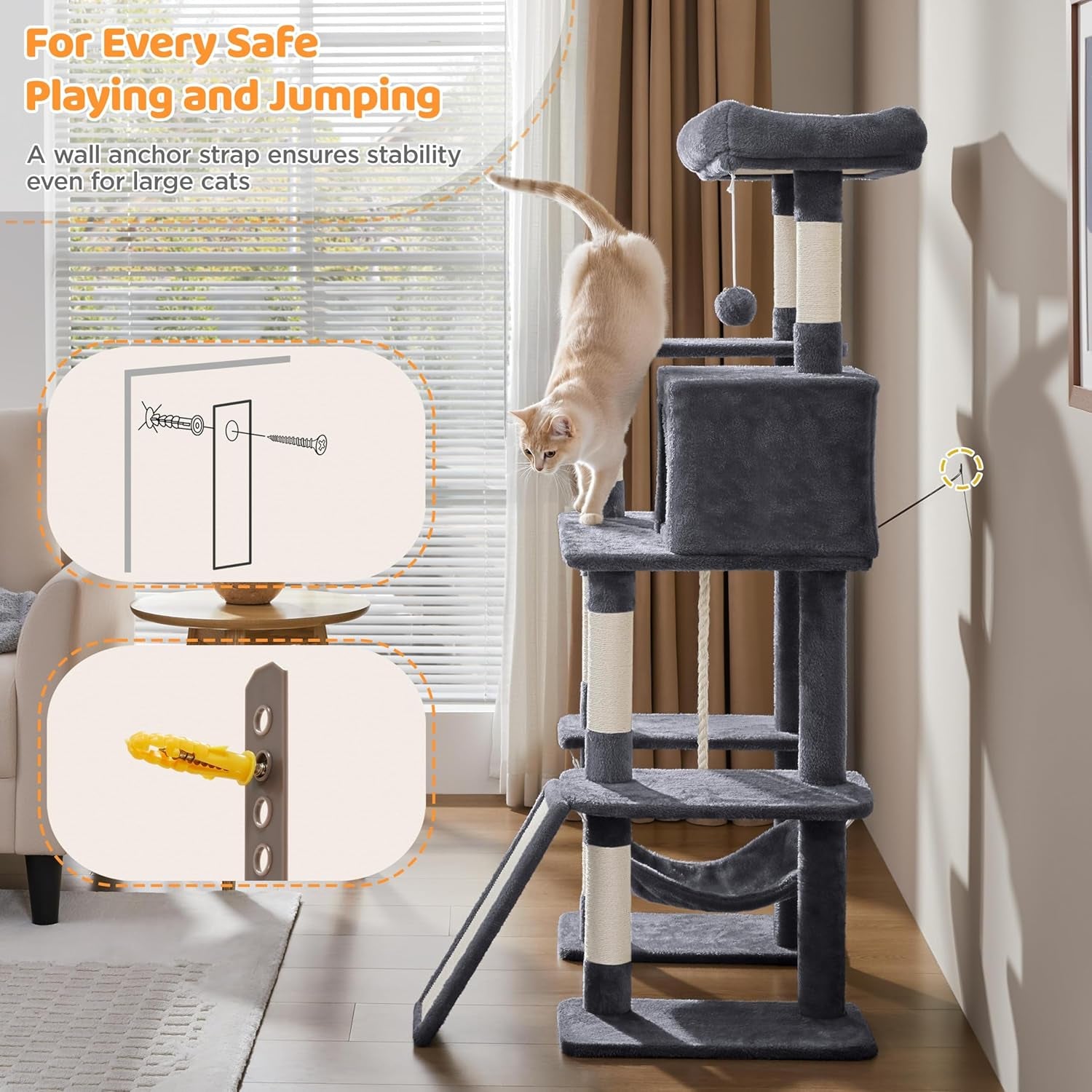 54In Cat Tree Tower, Multi-Level Pet Stand Furniture with Hammock Scratching Posts Condo Extended Platform for Indoor Cats Large to Play and Sleep