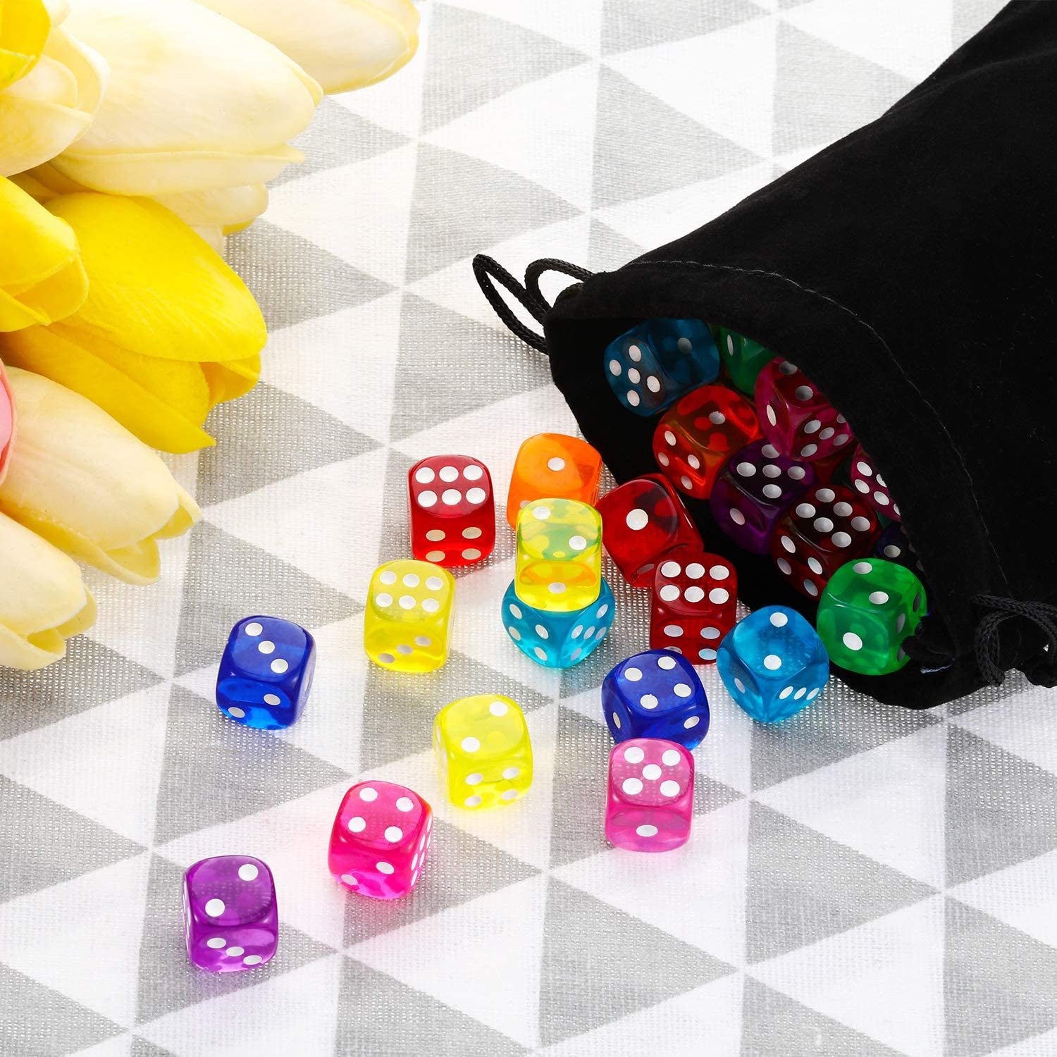 6-Sided Games Dice Set, Colored Dice with Black Velvet Pouches for Playing Games, like Board Games, Dice Games, Math Games, Party Favors and More (Rainbow Color, 14 Mm)
