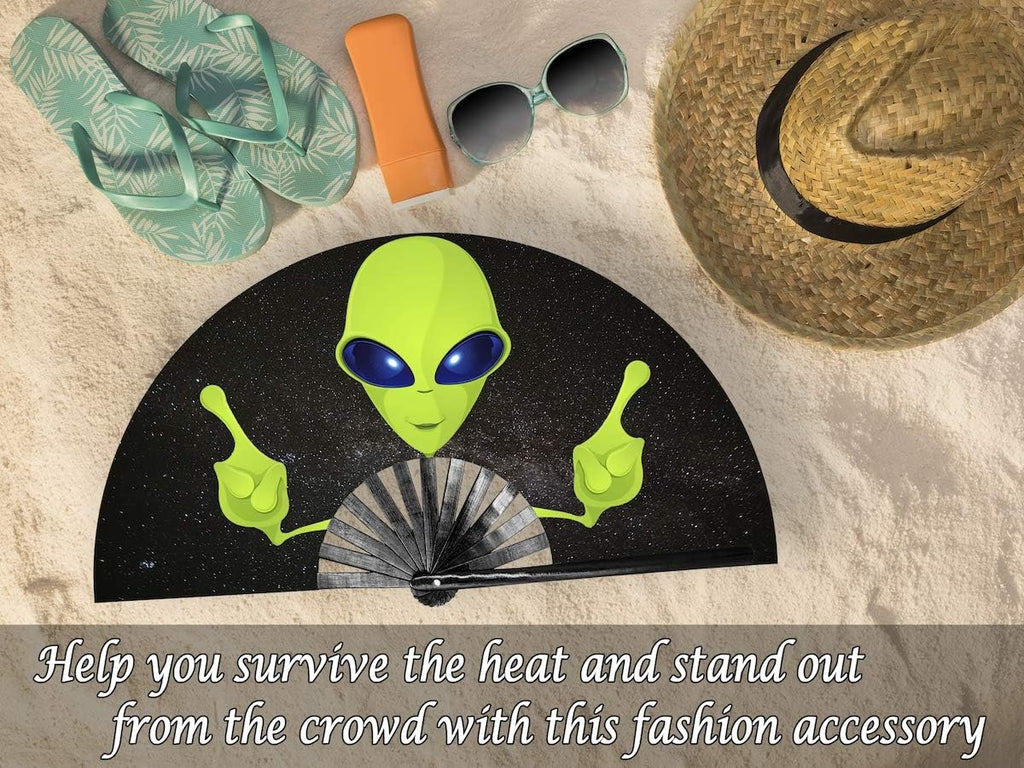 Rave Clack Hand Fan for Men/Women - Large Chinese Japanese Bamboo Folding Handheld Fan - for EDM, Music Festival, Club, Event, Party, Dance, Performance, Decoration, Gift (Alien)