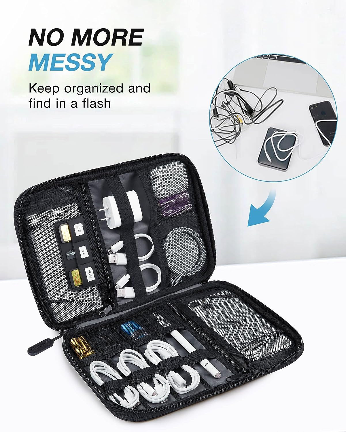 Large Electronics Travel Organizer Case, Tech Accessories Cord Storage Bag for Phone, Power Bank, SD Card, Cables, Black