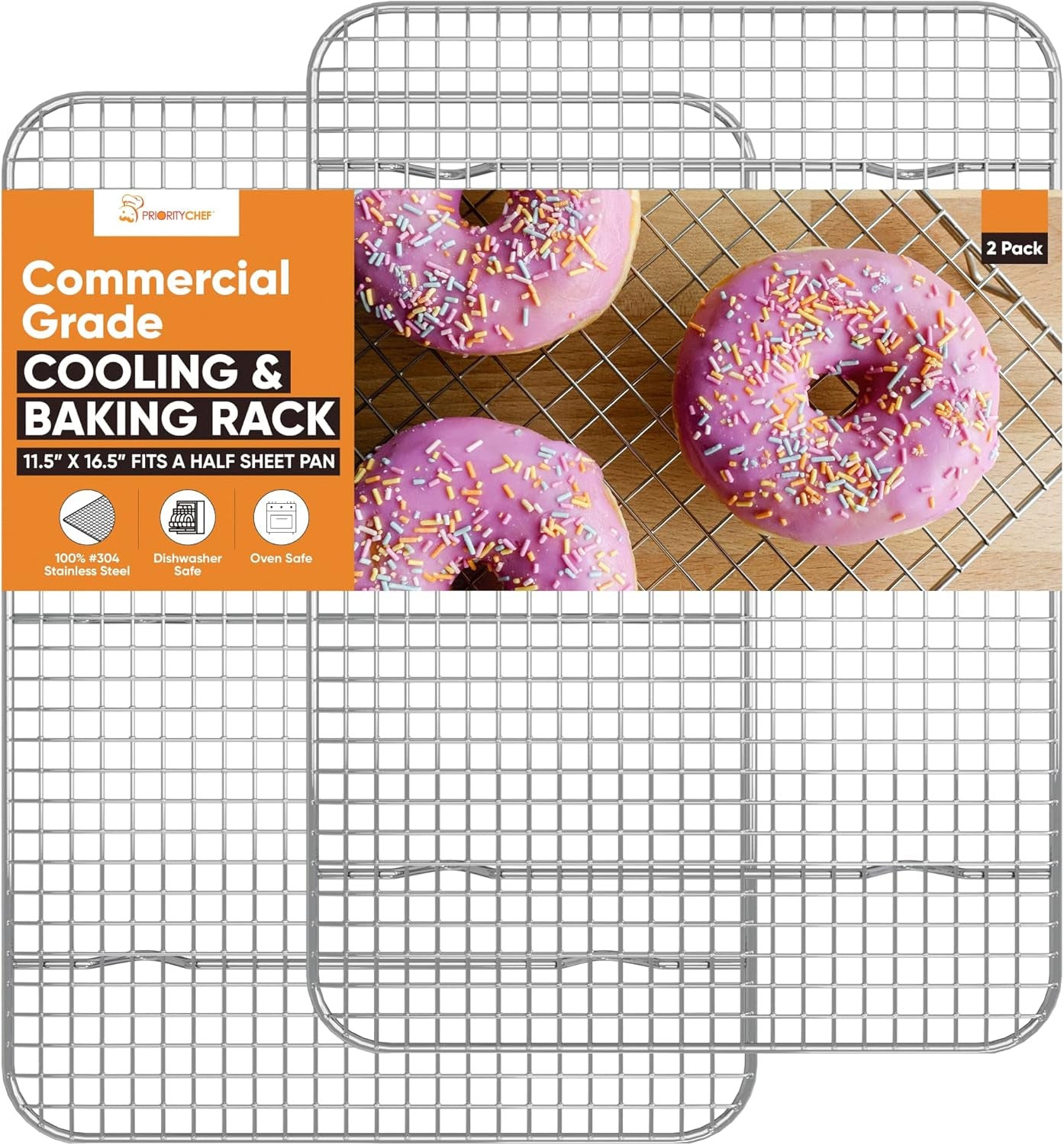 18/8 Stainless Steel Cooling Rack, Heavy Duty Baking Rack for Oven Cooking, Fits Half Sheet Pan, Wire Rack for Cooking, 11.5" X 16.5" - 2 Pack