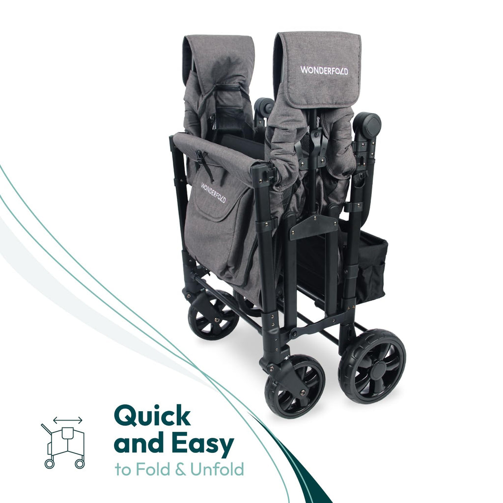 W4 Elite Stroller Wagon - Foldable Wagon with Steel Frame - Adjustable Canopy & Push Handle - All-Terrain Wheels - for Babies, Toddlers & Kids - 4 Seater - Gray