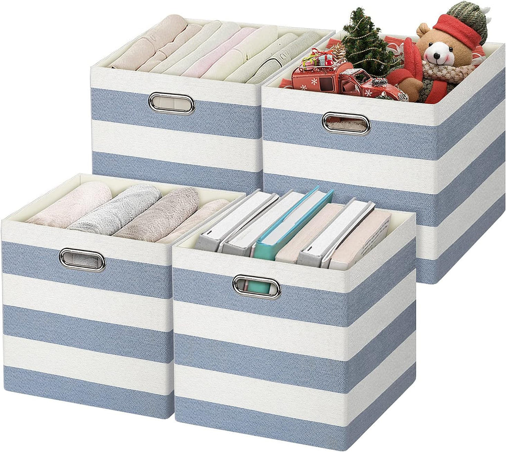 Collapsible Storage Bins,13×13 Fabric Storage Cubes Basket Containers Drawers for Nurseries,Offices,Closets (Set of 4, Blue-White Striped)