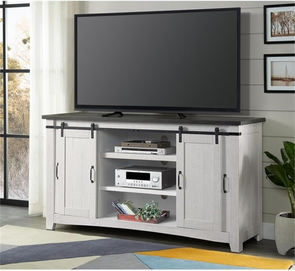 Martin Svensson Home 65" Solid Pine Wood Entertainment Center with Storage. Rustic TV Stand for Tvs up to 70." Sliding Doors, Adjustable Shelves & Cable Management – White and Grey Finish