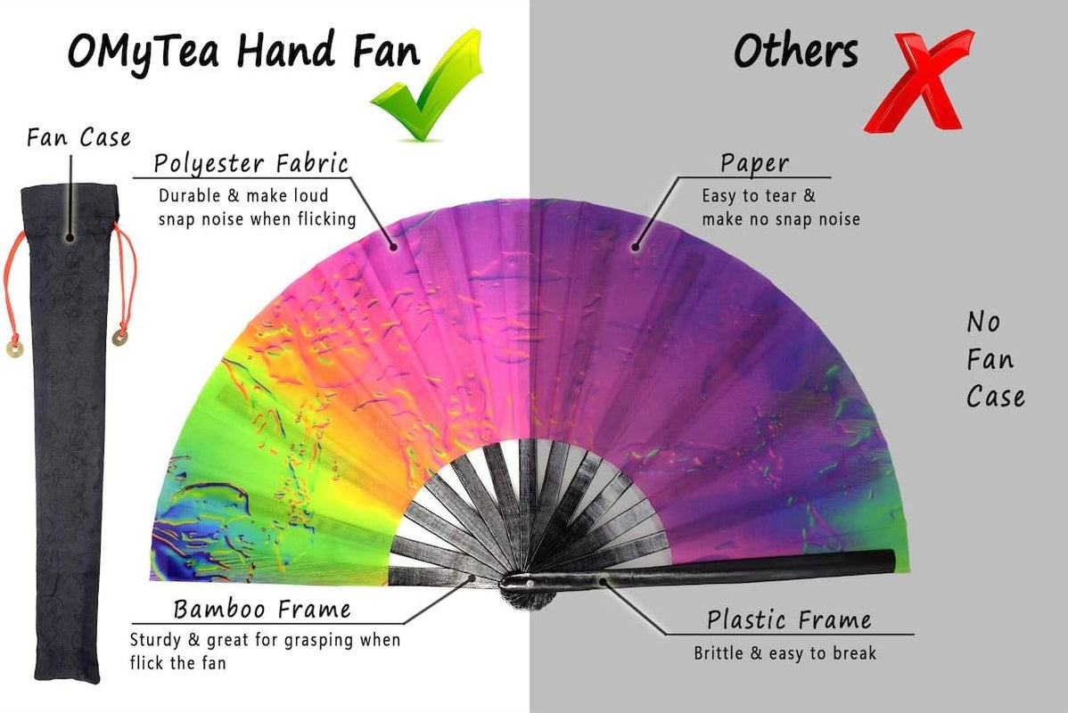 Bamboo Large Rave Folding Hand Fan for Men/Women - Chinese Japanese Handheld Fan with Fabric Case - for Electronic Dance Music Festival Party, Performance, Decorations, Gift (Iridescence)