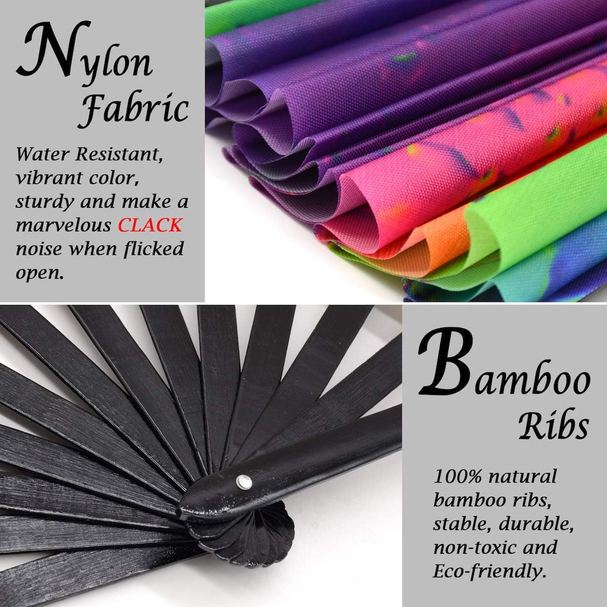 Bamboo Large Rave Folding Hand Fan for Men/Women - Chinese Japanese Handheld Fan with Fabric Case - for Electronic Dance Music Festival Party, Performance, Decorations, Gift (Iridescence)