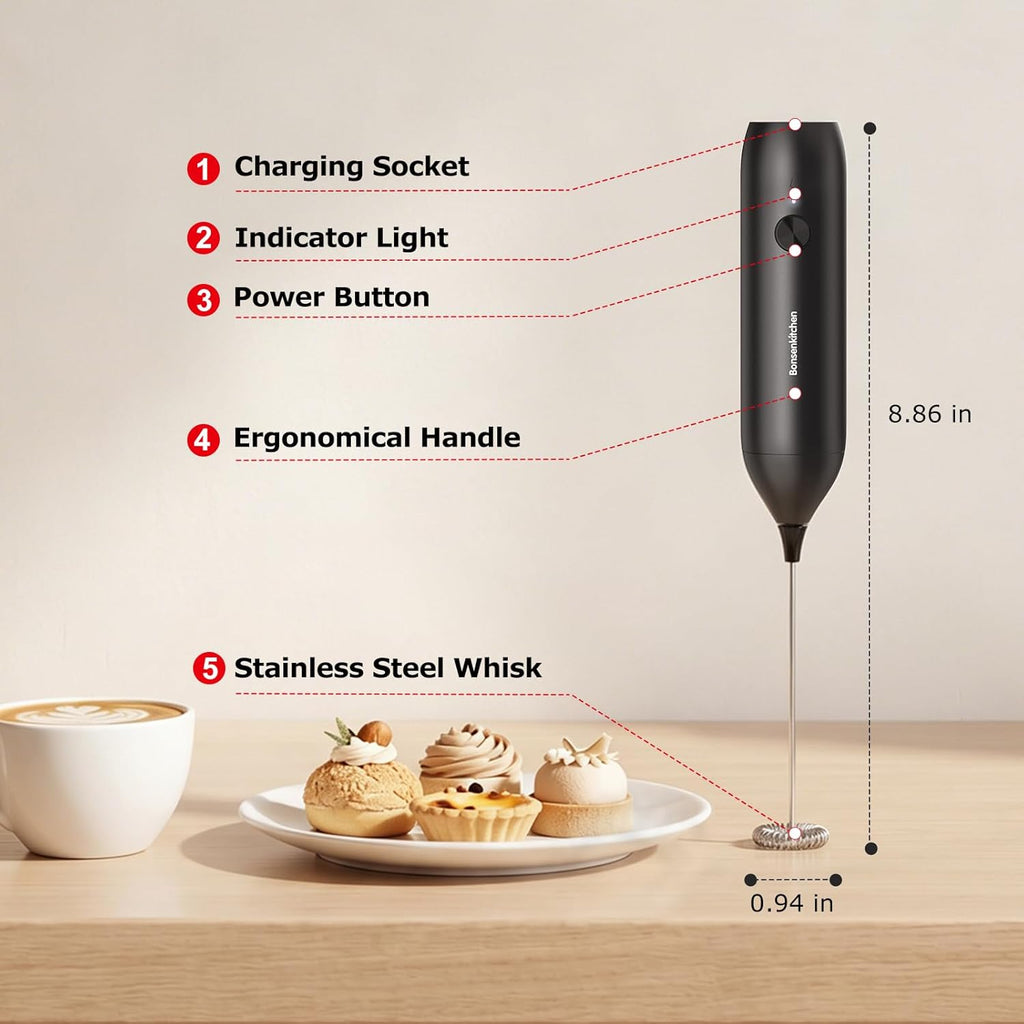 Rechargeable Milk Frother Handheld, Electric Drink Mixer with Stainless Steel Whisk, Charging USB-C, Portable Foam Maker for Coffee Matcha Lattes Cappuccino, Kitchen Gifts