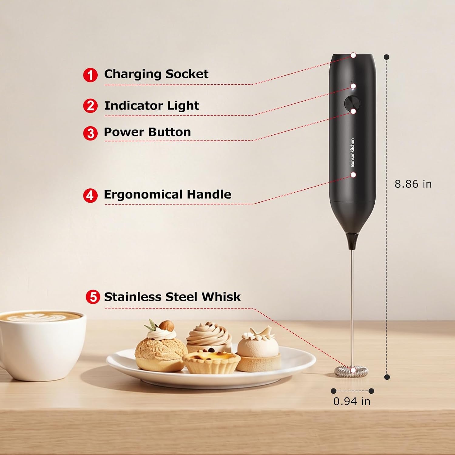 Rechargeable Milk Frother Handheld, Electric Drink Mixer with Stainless Steel Whisk, Charging USB-C, Portable Foam Maker for Coffee Matcha Lattes Cappuccino, Kitchen Gifts