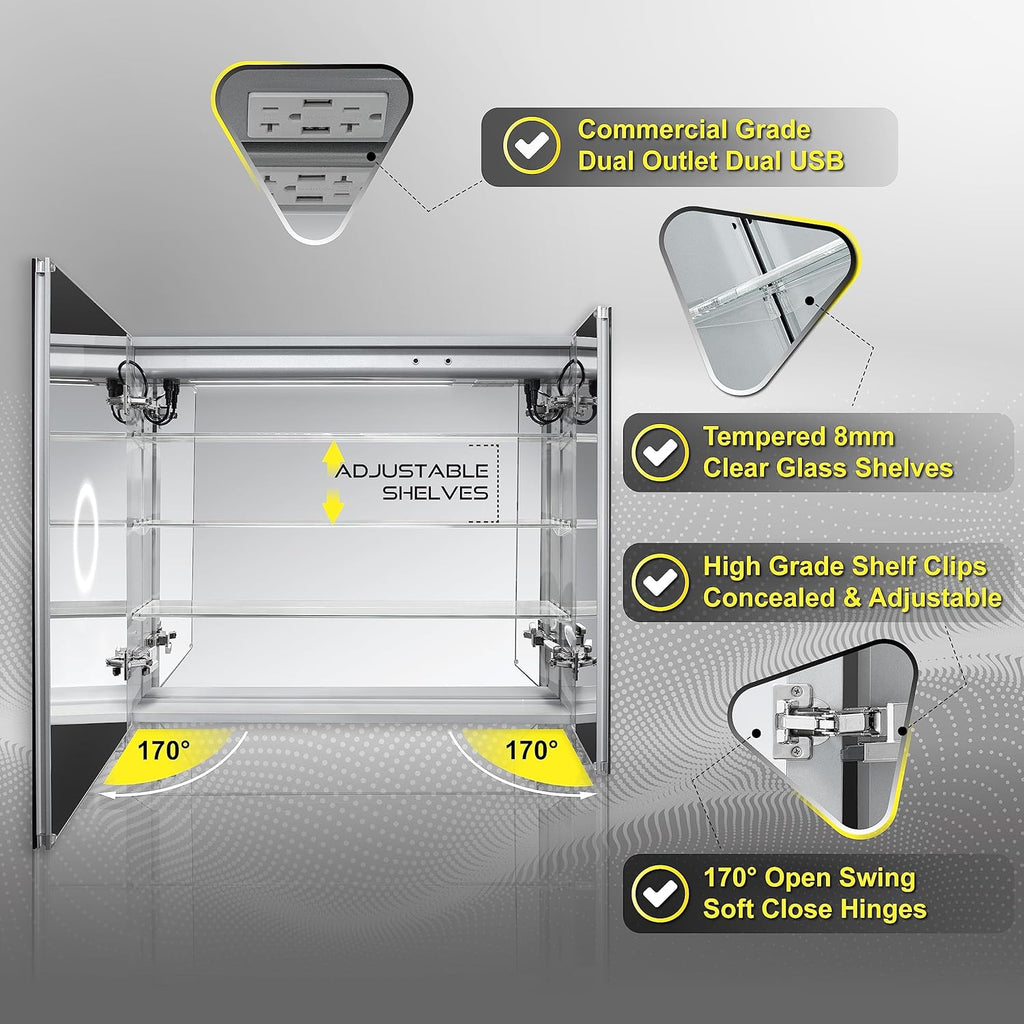 LED Mirror Medicine Cabinet Recessed or Surface, Defogger, Dimmer, Clock, Room Temp Display, Makeup Mirror 3X, Outlets & Usbs (Rubini 36X32)