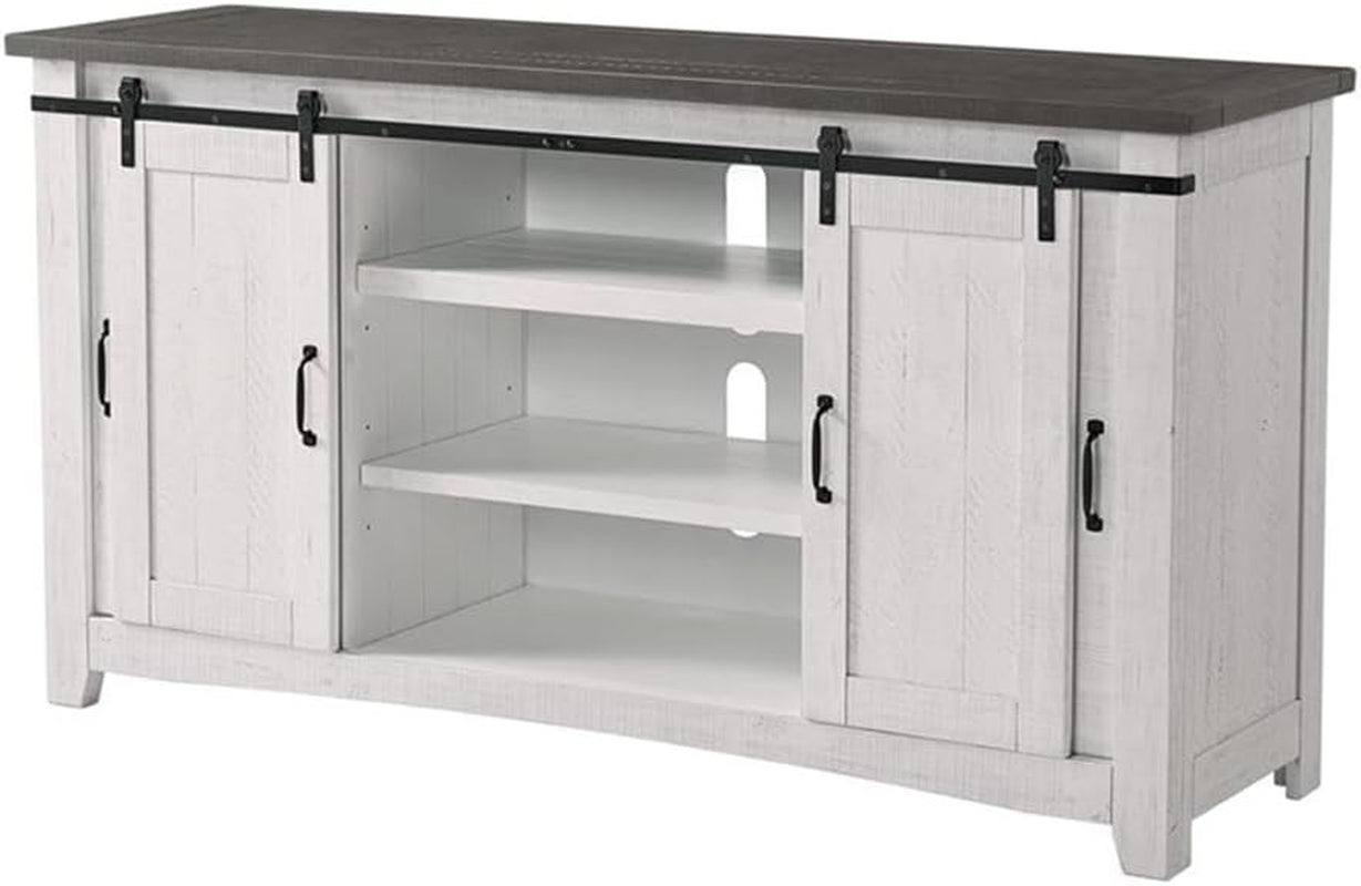 Martin Svensson Home 65" Solid Pine Wood Entertainment Center with Storage. Rustic TV Stand for Tvs up to 70." Sliding Doors, Adjustable Shelves & Cable Management – White and Grey Finish