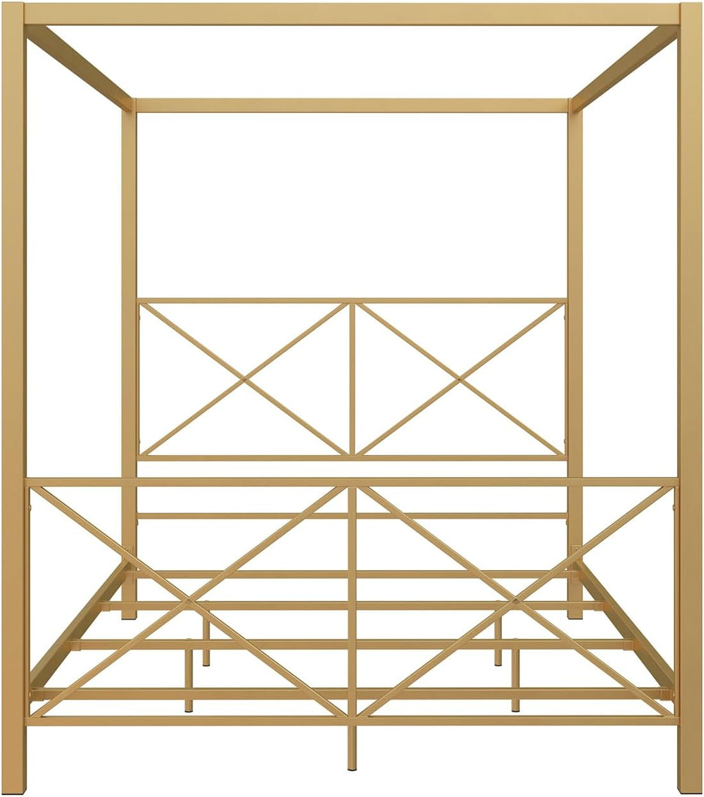 Rosedale Metal Canopy Bed Frame with Four Poster Design and Geometric Accented Headboard and Footboard, Underbed Storage Space, Full, Gold