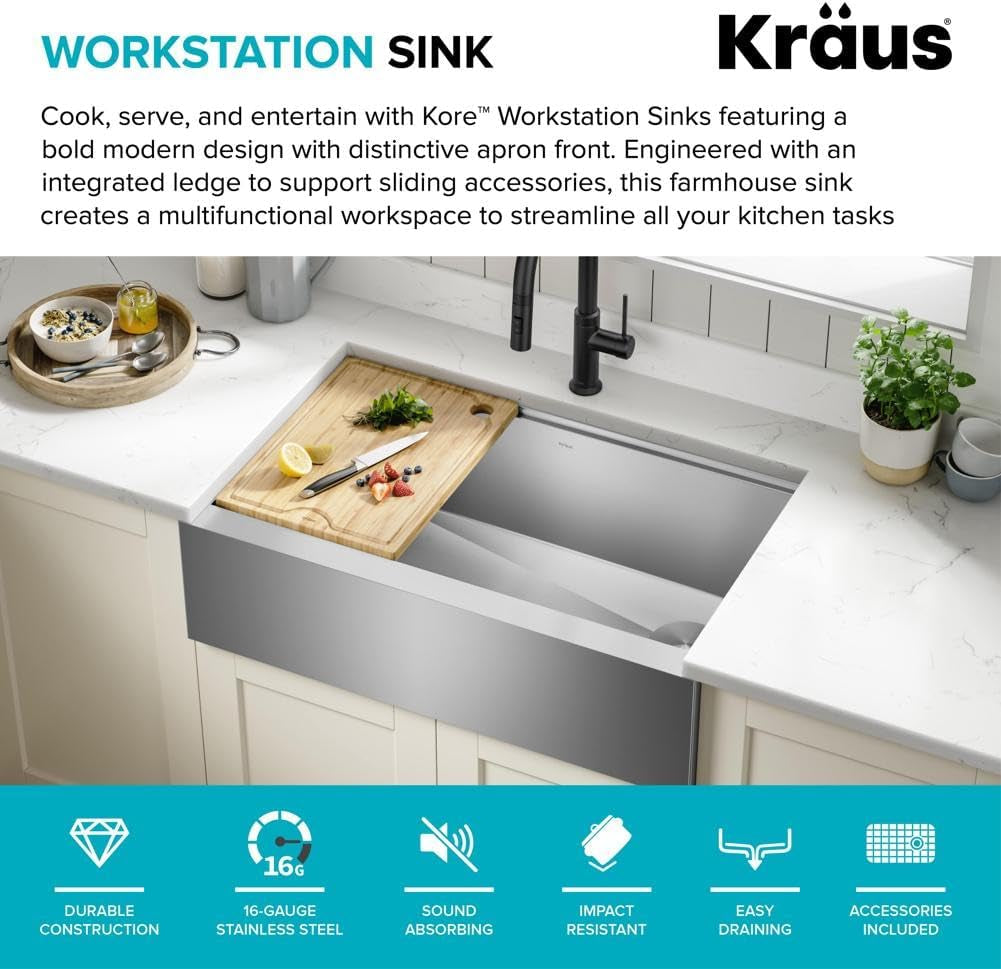 Kore 33-Inch Farmhouse Workstation 16 Gauge Single Bowl Stainless Steel Kitchen Sink with Accessories, KWF210-33