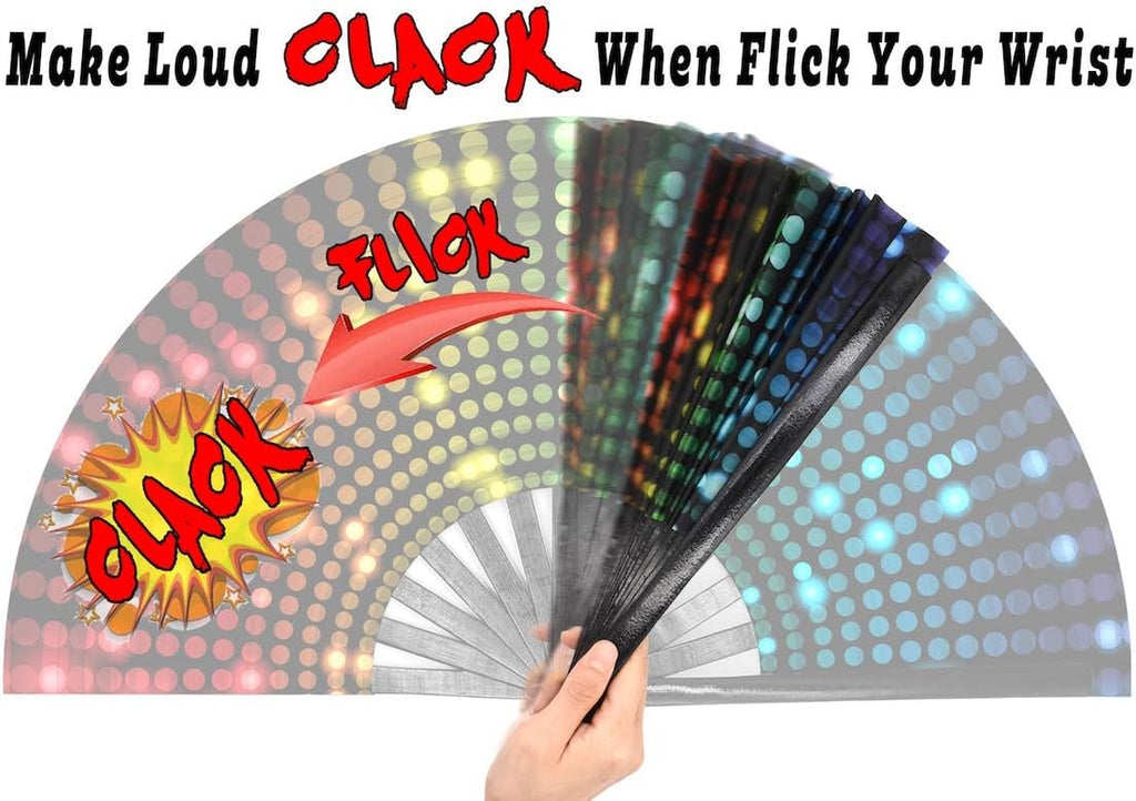 Large Rave Clack Popping Fan for Line Dancing - Boots on the Ground Folding Hand Fan - for EDM, Music Festival, Hot Flashes, Party, Decoration (Disco Lights Dots)