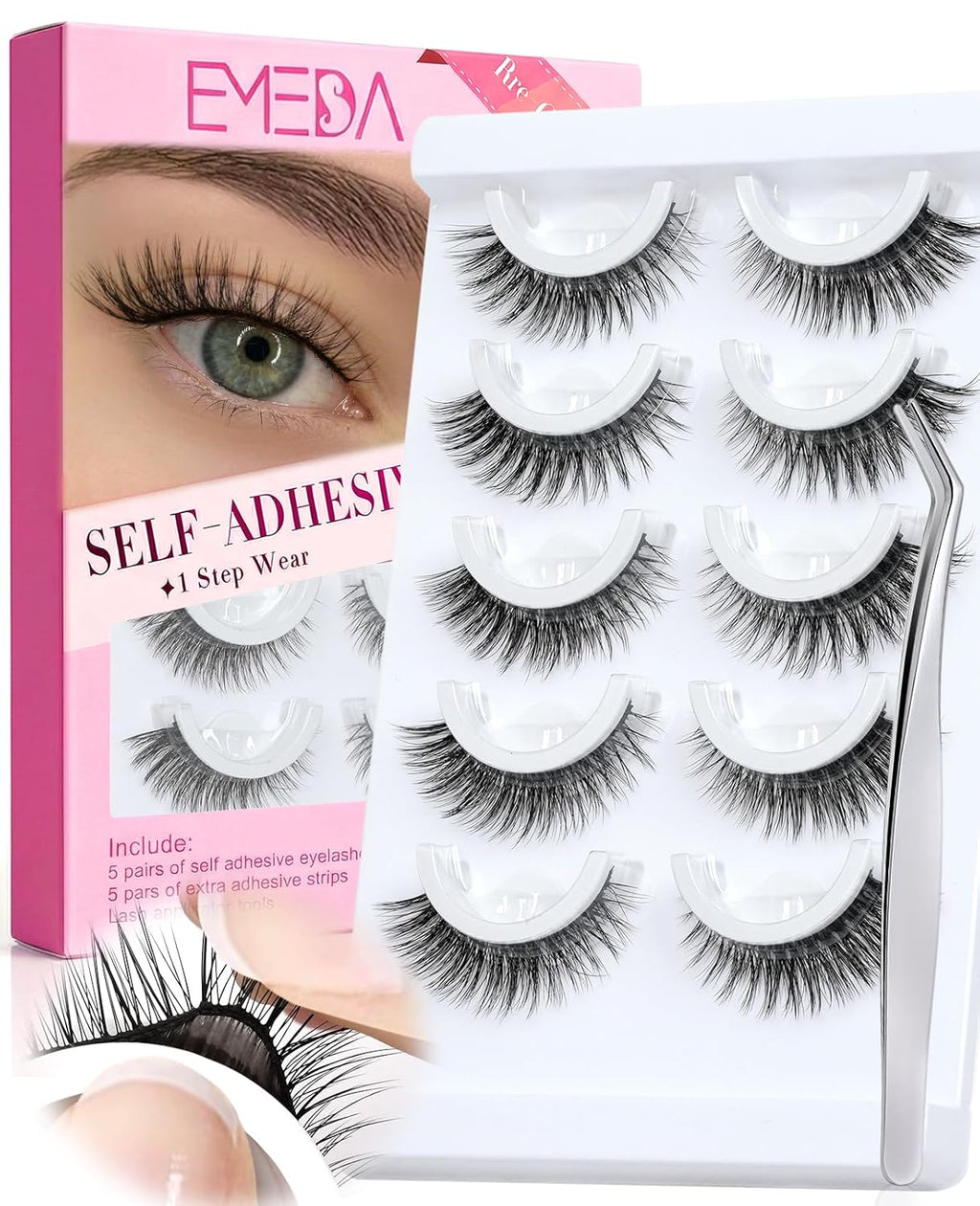Self Adhesive Eyelashes Preglued Glueless - Natural Look No Glue Eyelashes 16Mm Volume round Eye Waterproof Glueless No Glue Needed Reusable Stick on False Strip Lashes (55 with Tweezers)