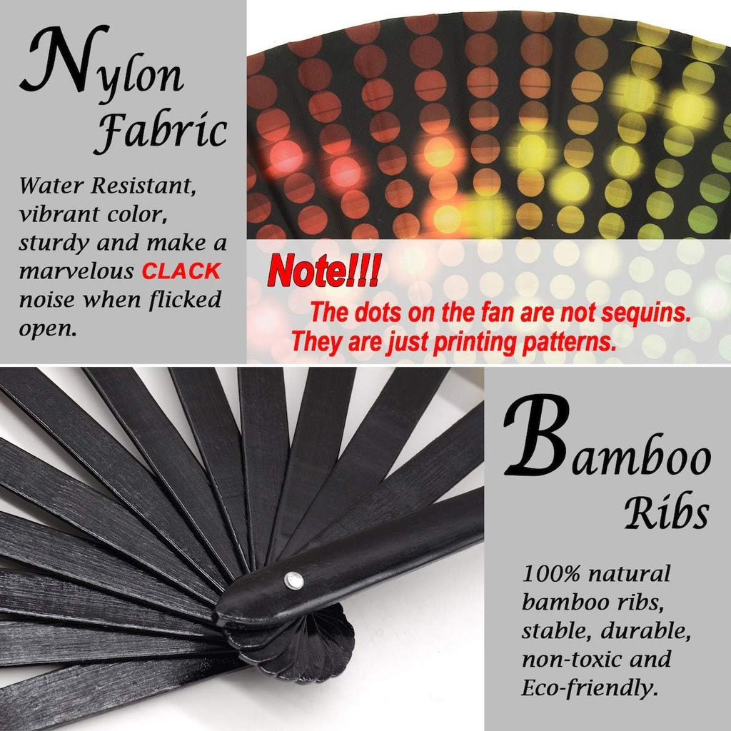 Large Rave Clack Popping Fan for Line Dancing - Boots on the Ground Folding Hand Fan - for EDM, Music Festival, Hot Flashes, Party, Decoration (Disco Lights Dots)