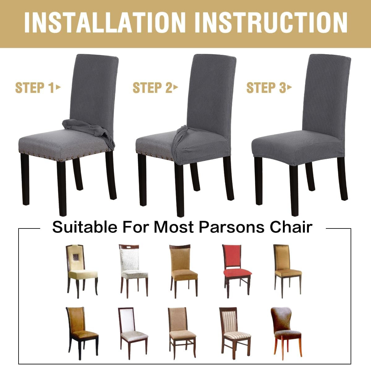 Stretch Dining Chair Covers Set of 2 Chair Covers for Dining Room Parsons Chair Slipcover Chair Protectors Covers Dining, Feature Textured Checked Jacquard Fabric, Gray