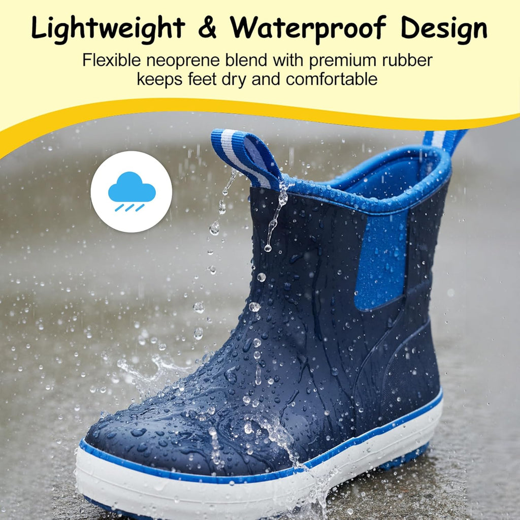 Waterproof Rubber Rain Boots for Big Kids - Youth Ankle Muck Boots, Non-Slip Natural Rubber Snow Shoes, Boys Girls Deck Boots for Mud Gardening Fishing Hunting Outdoor