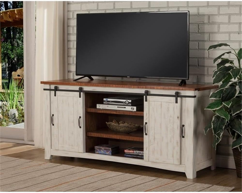 Martin Svensson Home 65" Solid Pine Wood Entertainment Center with Storage. Rustic TV Stand for Tvs up to 70." Sliding Doors, Adjustable Shelves & Cable Management – White and Honey Finish