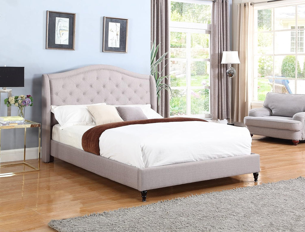 Home Life Cloth Light Grey Silver Linen Curved Hand Diamond Tufted and Nailed Headboard 53" Tall Headboard Platform Bed with Slats Queen - Complete Bed 5 Year Warranty Included 013