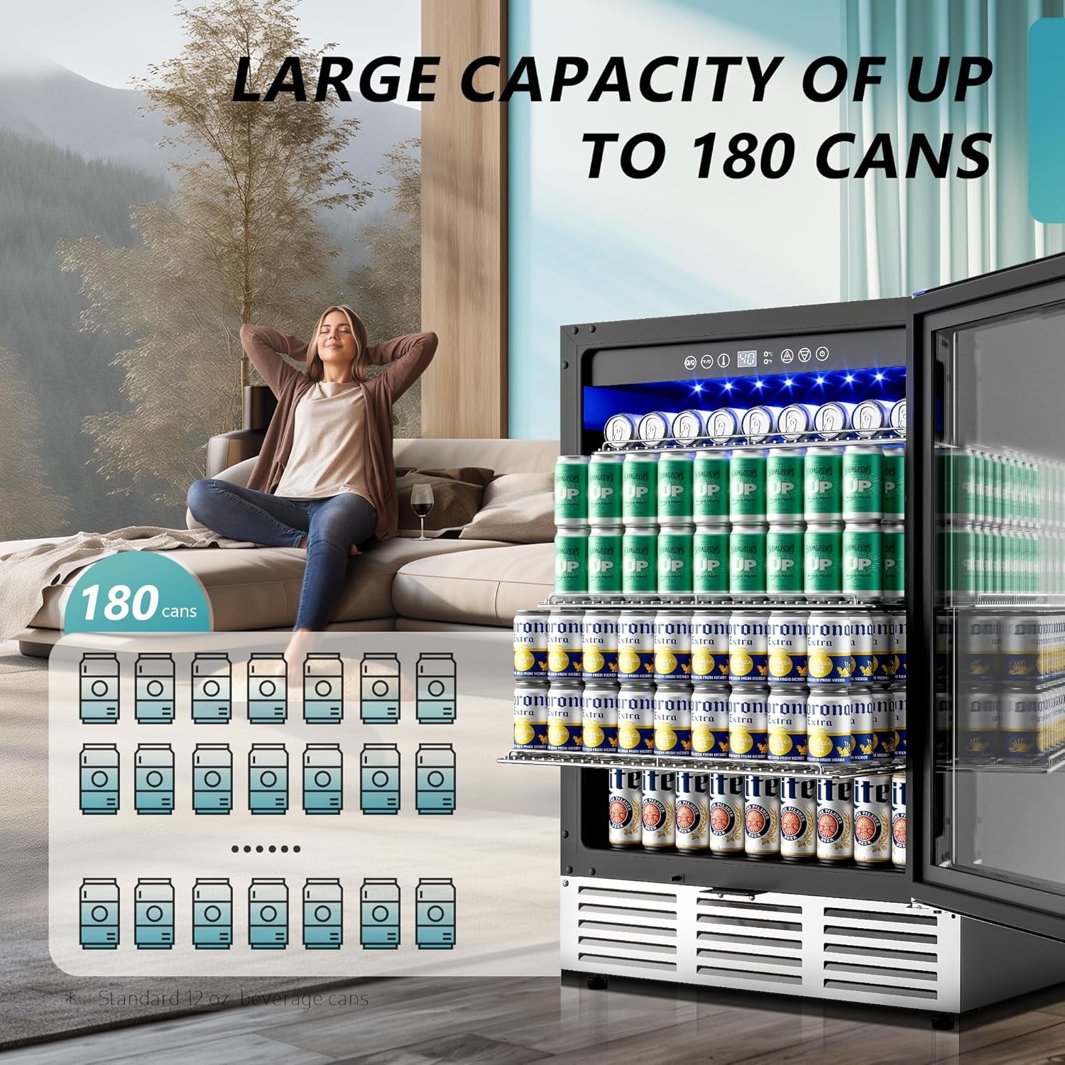 24 Inch Beverage Refrigerator, 180 Can Built-In Beverage Cooler, under Counter Beer Fridge with Glass Door for Soda, Water, Wine - for Kitchen, Bar or Office